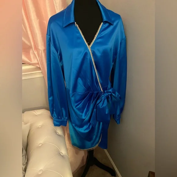 NWT Blue Satin Dress with silver metallic trim - Picture 2 of 7